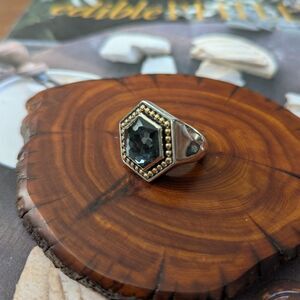 LAGOS Sterling silver 18k gold Hematite black hexagon beaded Treasure Chest ring